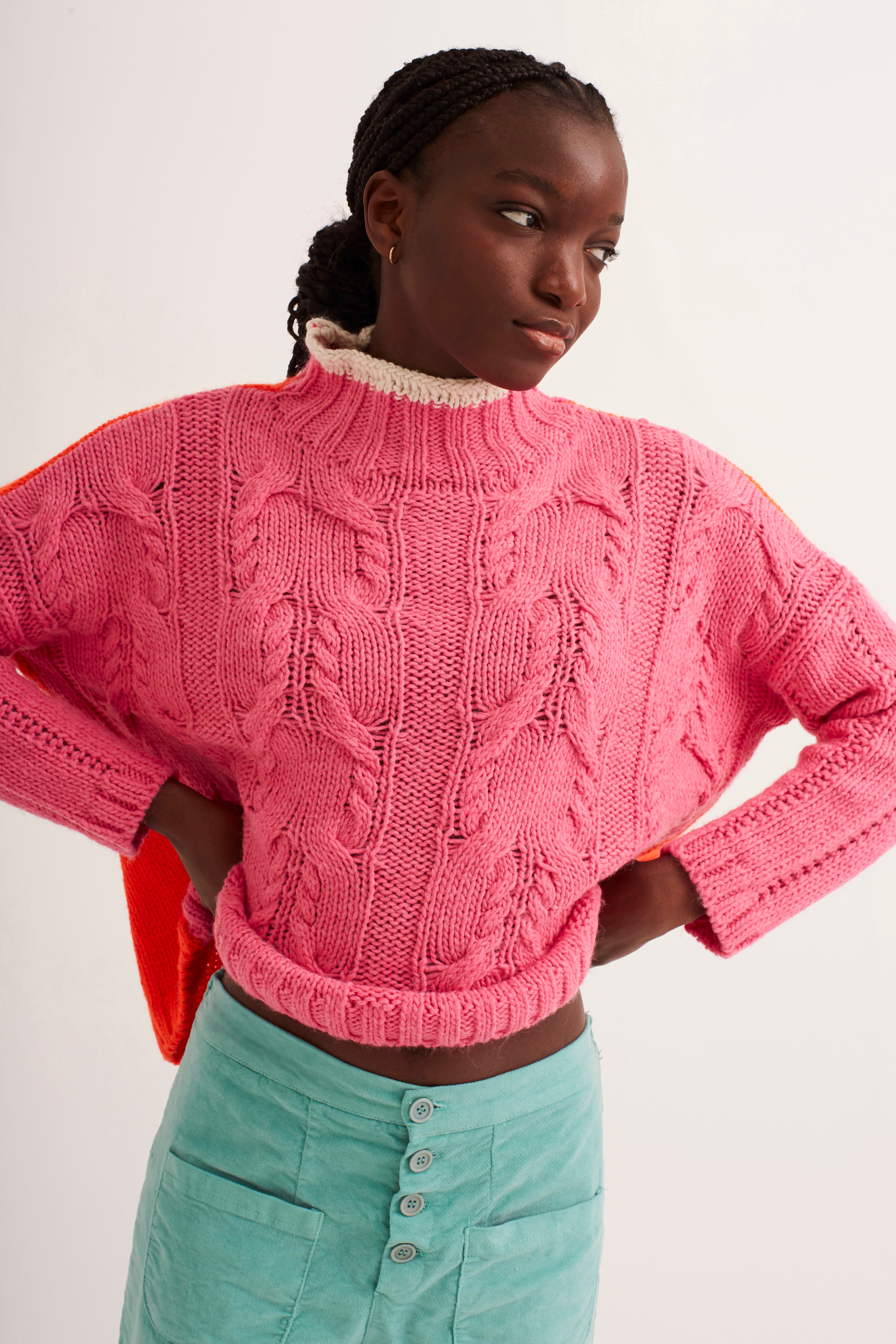 Pink cable hotsell knit turtleneck sweater